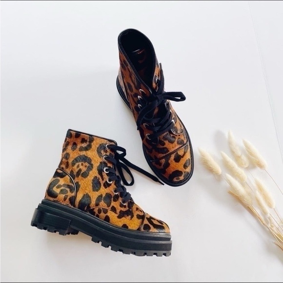 Schutz Women’s Maylova Leopard-Print Calf Hair Combat Booties - Picture 2 of 7